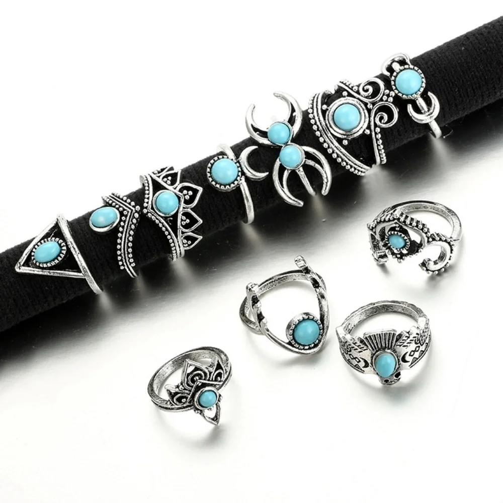 *HALONA* 11-Pc Silver Moon x Turquoise Ring Set